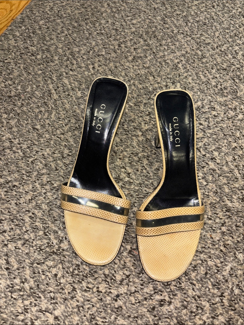 Gucci Tan Beige Slide block heels  with Gold-Tone  leather and clear stripe